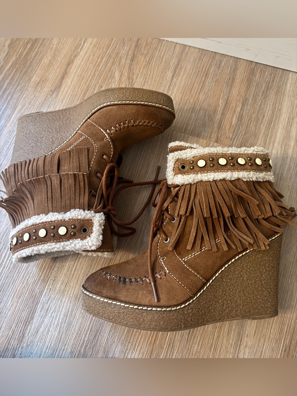 Sam Edelman Kemper Fringe Wedge Booties Faux Shearling Brown Suede 8.5 boho